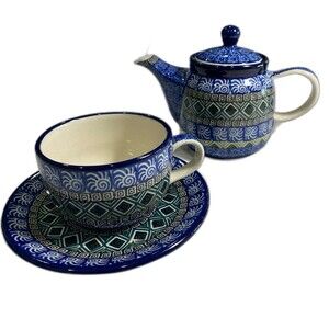 Polish Pottery Teacup and Saucer Hand Made Tea Pot with Lid Matching A.W-164